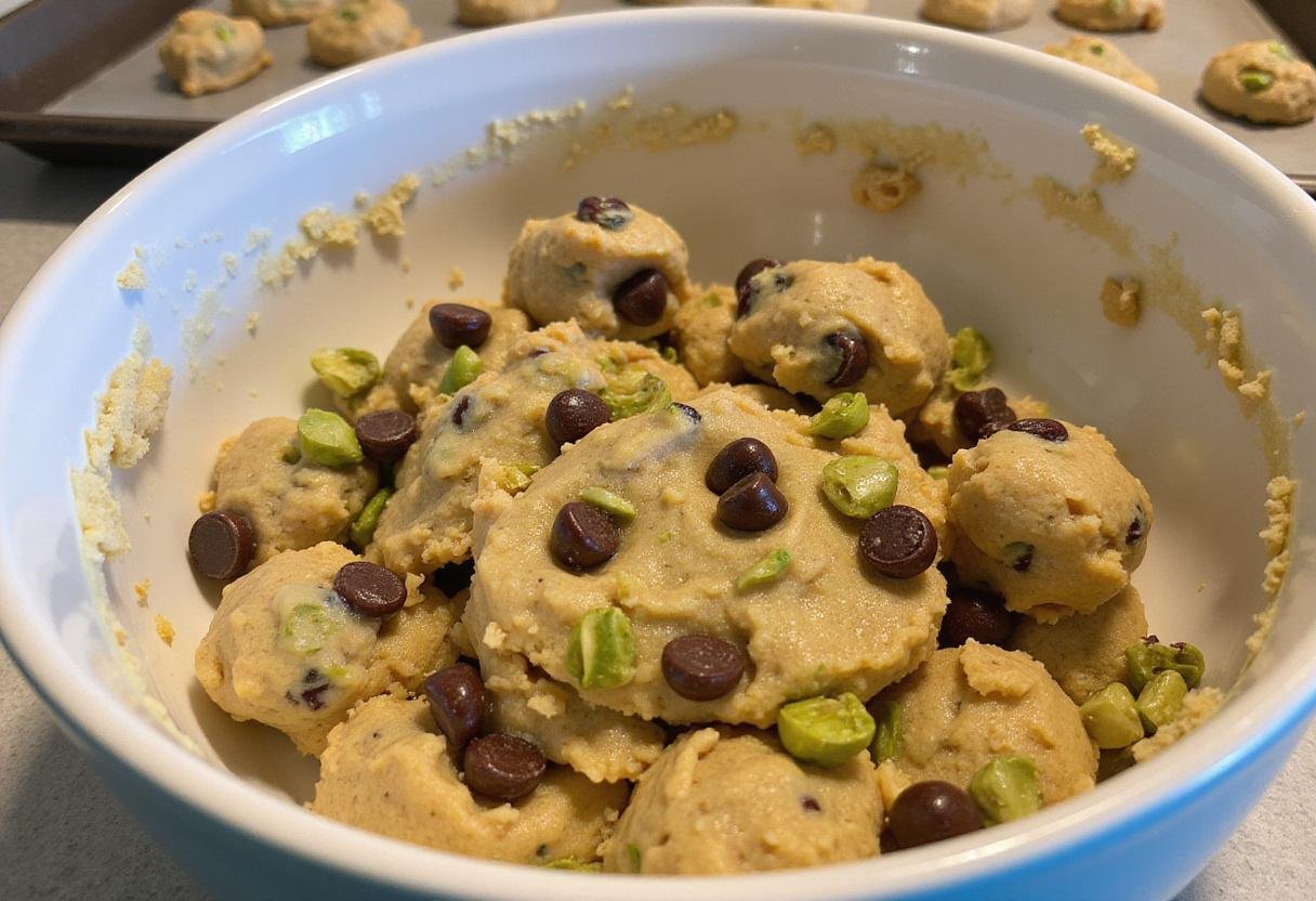 Mixing cookie dough with pistachios and chocolate chips for homemade pistachio chocolate chip cookies.