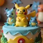 A close-up of a finished Pokemon birthday cake, featuring vibrant decorations and intricate designs, perfect for a party celebration.