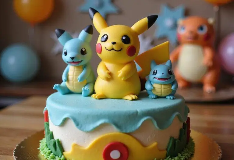 A close-up of a finished Pokemon birthday cake, featuring vibrant decorations and intricate designs, perfect for a party celebration.
