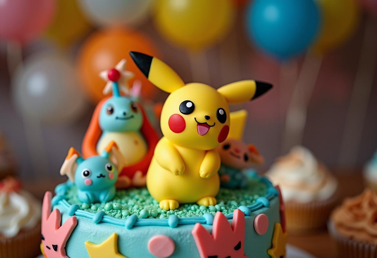 A close-up of a finished Pokemon birthday cake, featuring vibrant decorations and intricate designs, perfect for a party celebration.