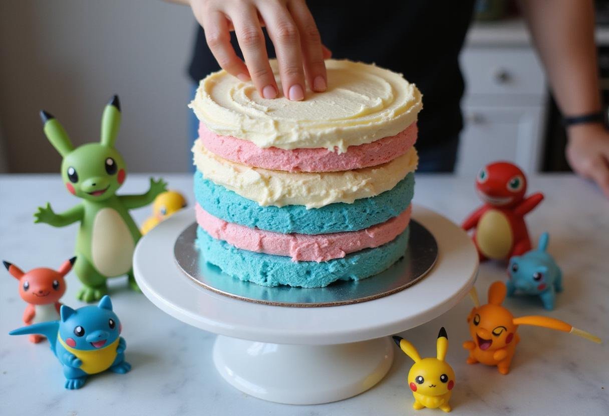 Assembling a Pokemon birthday cake with stacked colorful layers and creamy frosting, surrounded by playful Pokemon decorations.