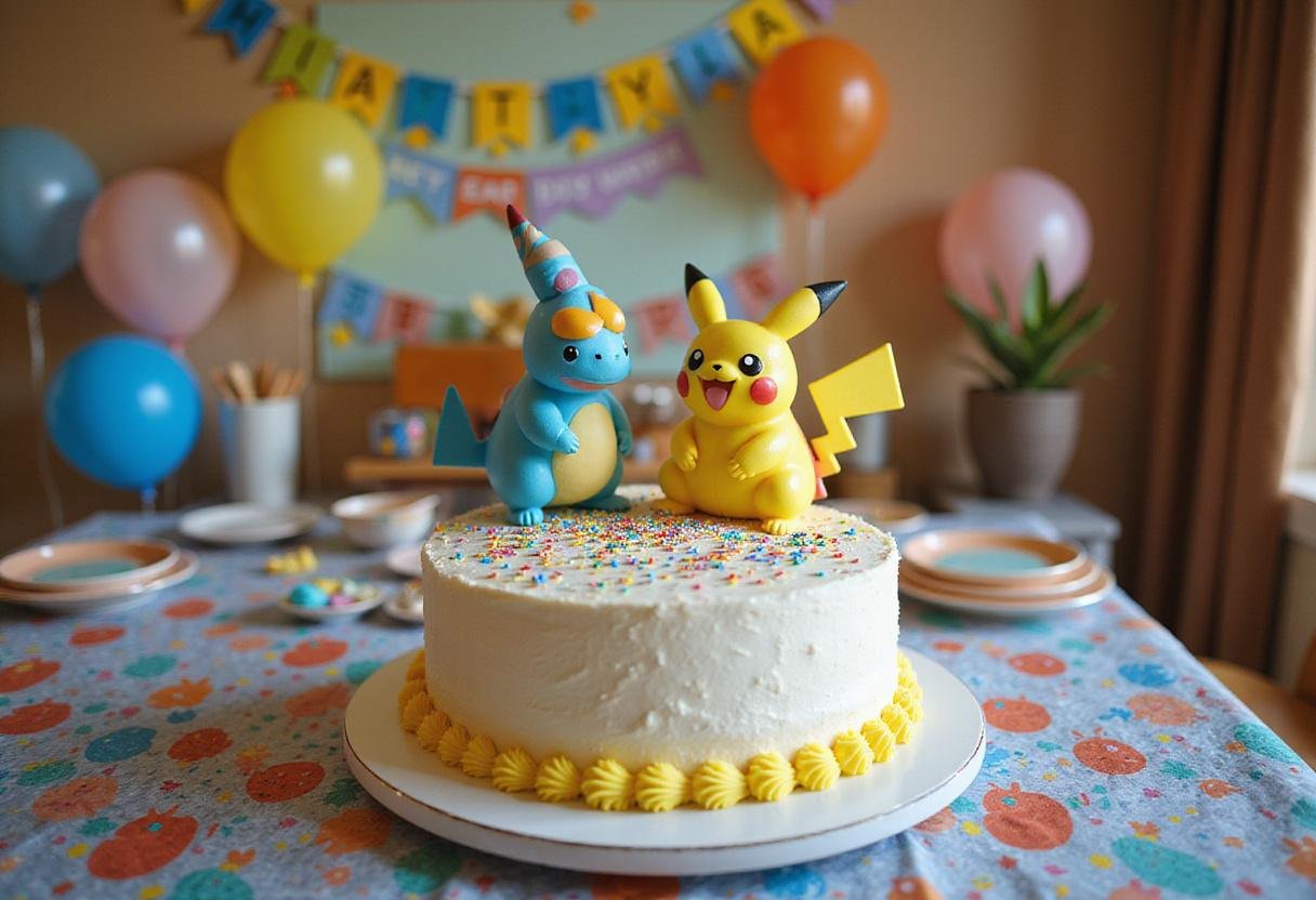 A stunning Pokemon birthday cake decorated with colorful frosting and themed decorations, ready for a joyful celebration.