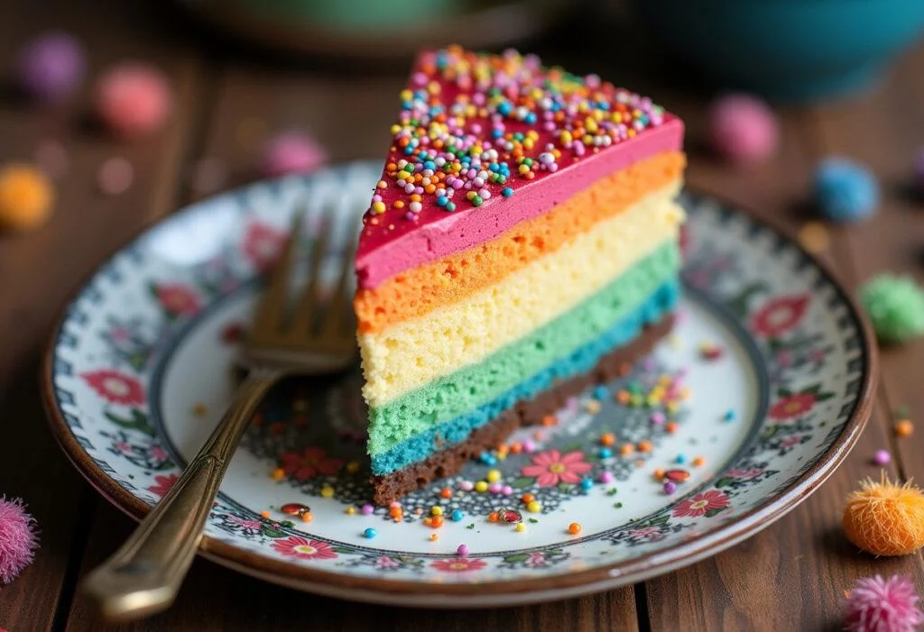 Delicious Polyjuice Potion Cheesecake with Color-Changing Layers beautifully presented on a plate, showcasing colorful layers topped with sprinkles, perfect for a magical dessert experience.
