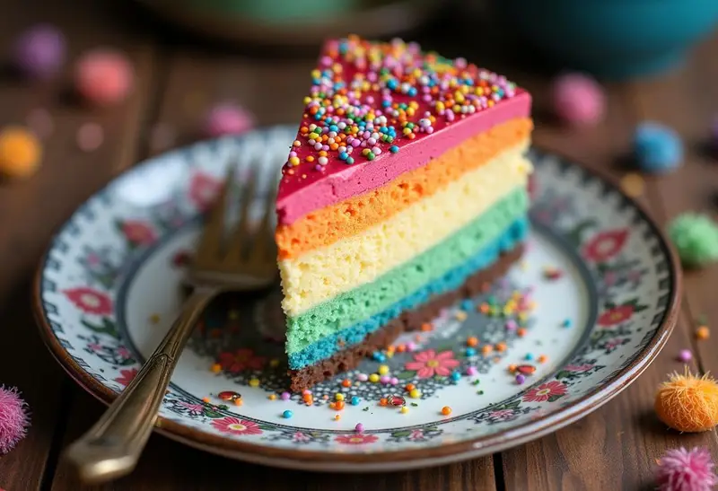 Delicious Polyjuice Potion Cheesecake with Color-Changing Layers beautifully presented on a plate, showcasing colorful layers topped with sprinkles, perfect for a magical dessert experience.