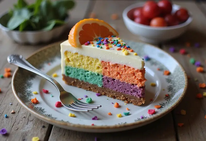 Delicious Polyjuice Potion Cheesecake with Color-Changing Layers beautifully presented on a plate, showcasing colorful layers topped with sprinkles, perfect for a magical dessert experience.
