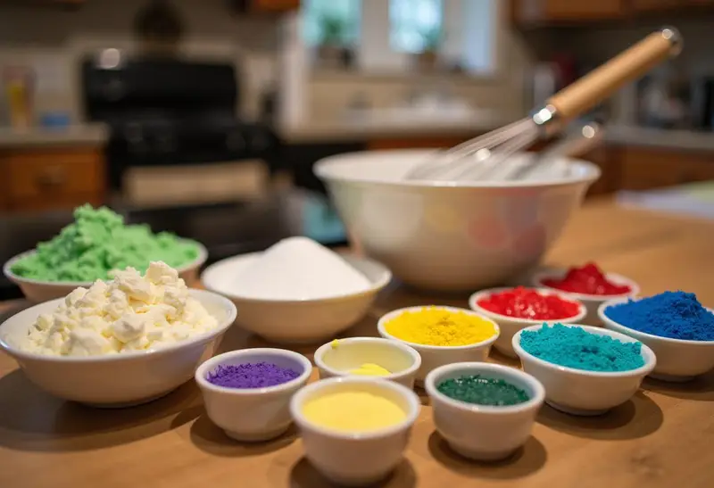 Ingredients for Polyjuice Potion Cheesecake with Color-Changing Layers on a countertop, including colorful food dyes, cream cheese, and sugar, ready for mixing.