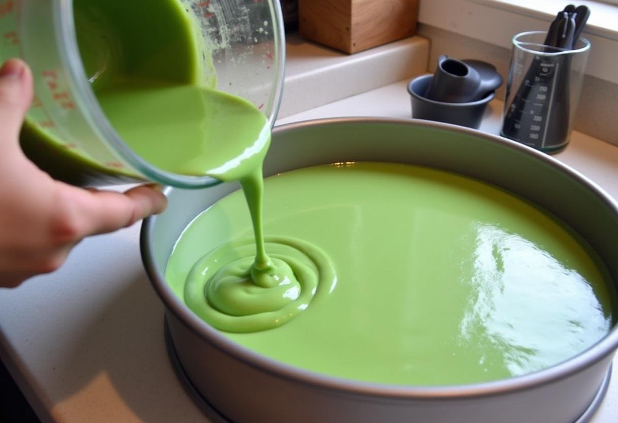 Pouring the first layer of colorful cheesecake into a springform pan, creating a bright green layer for the Polyjuice Potion Cheesecake with Color-Changing Layers.