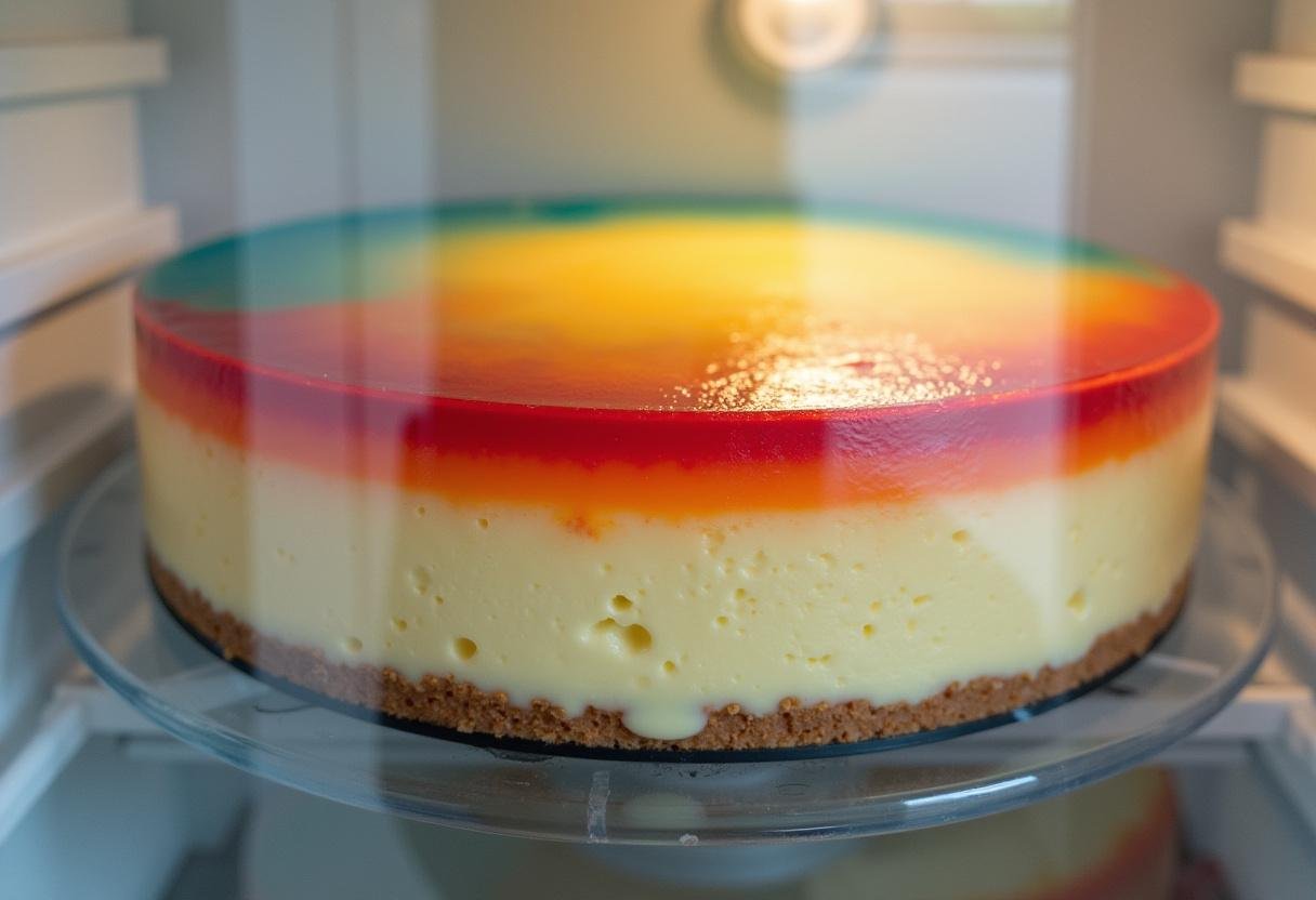 Chilled Polyjuice Potion Cheesecake with colorful layers visible in the fridge, showcasing the dessert's mesmerizing color-changing effect.