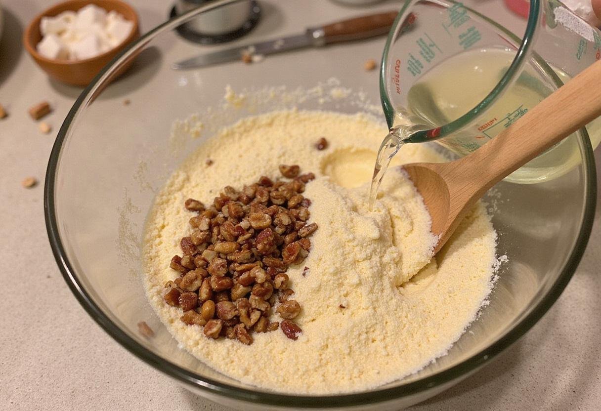 Preparation of butter pecan cake mix on a kitchen counter for quick cake mix breads and muffins.