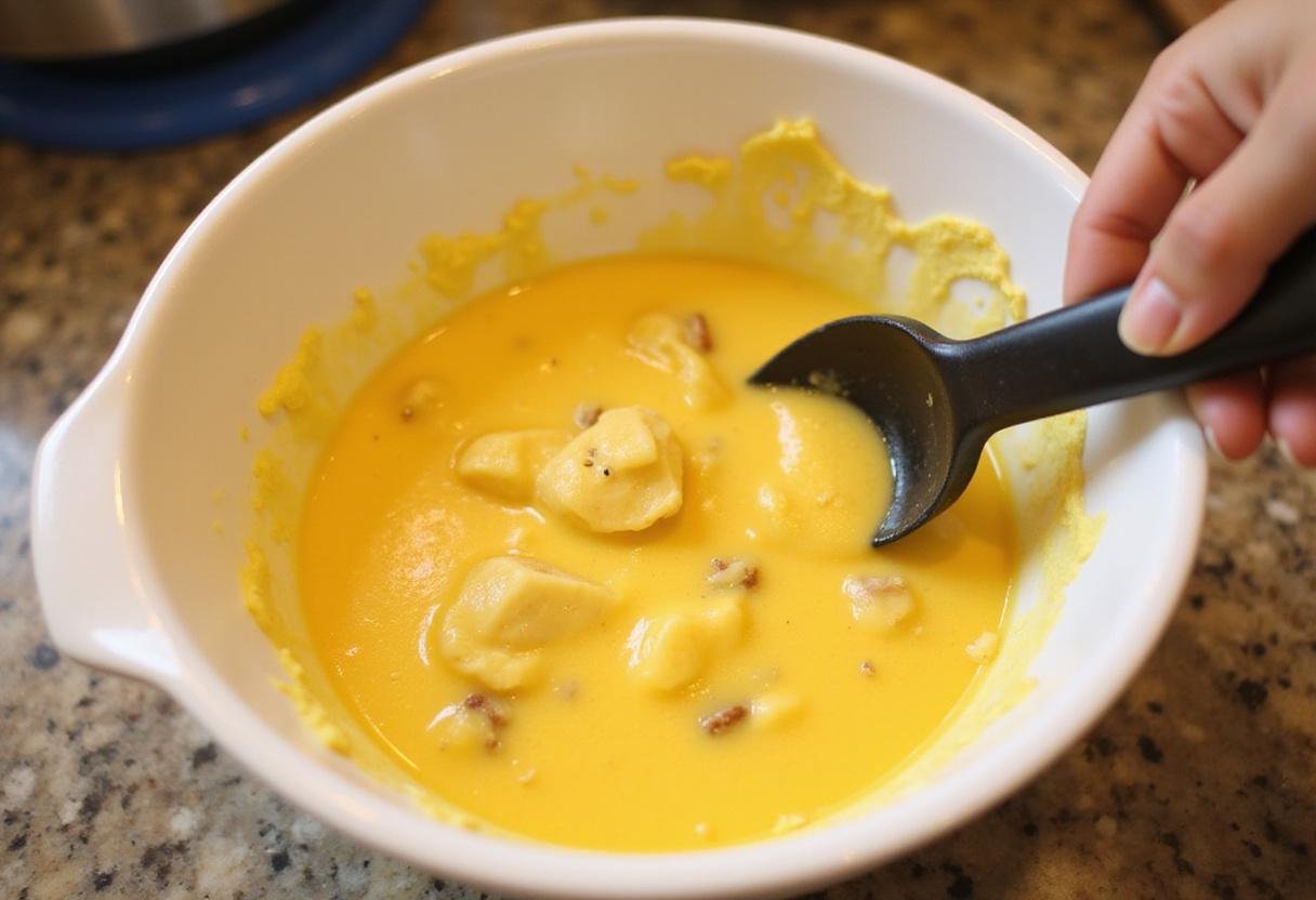 Mixing ingredients for banana muffins using cake mix for delicious quick cake mix breads and muffins.