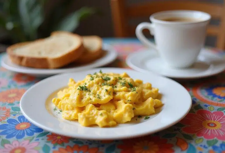 Garnished fluffy scrambled eggs in air fryer presented on a plate, perfect for a delicious breakfast, alongside toast and coffee.