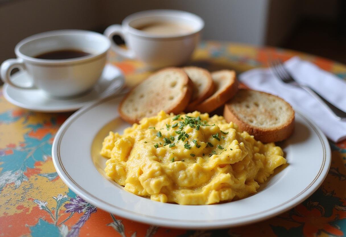 Garnished fluffy scrambled eggs in air fryer presented on a plate, perfect for a delicious breakfast, alongside toast and coffee.