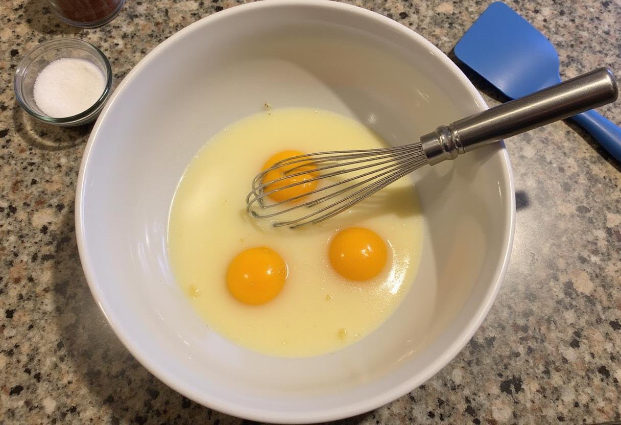 Fresh ingredients laid out for making scrambled eggs in air fryer, featuring eggs, whisk, spatula, salt, and pepper on a kitchen counter.
