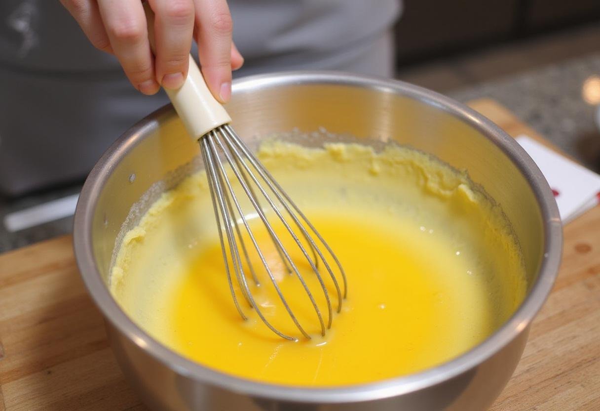 Whisking eggs for scrambled eggs in air fryer, showcasing a smooth mixture ready for cooking in a cozy kitchen environment.