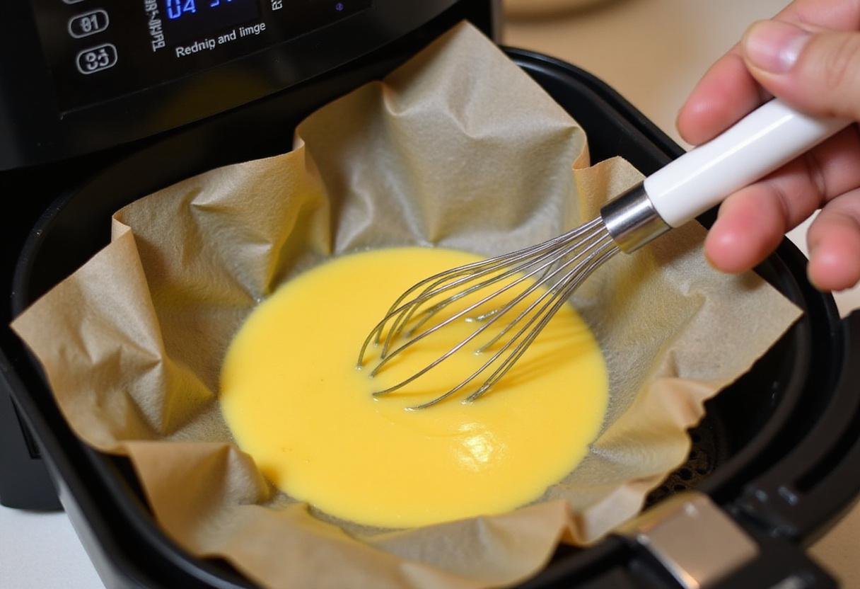 Pouring whipped eggs into the air fryer basket, prepared to cook delicious scrambled eggs in air fryer, featuring an air fryer with controls.