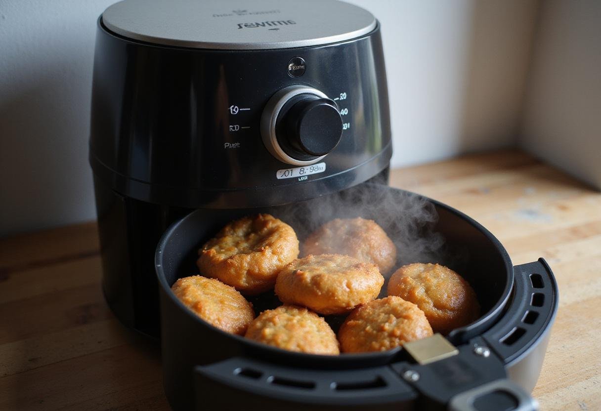 Air fryer cooking scrambled eggs in air fryer, steam escaping, with timer countdown, creating anticipation for a delicious meal.
