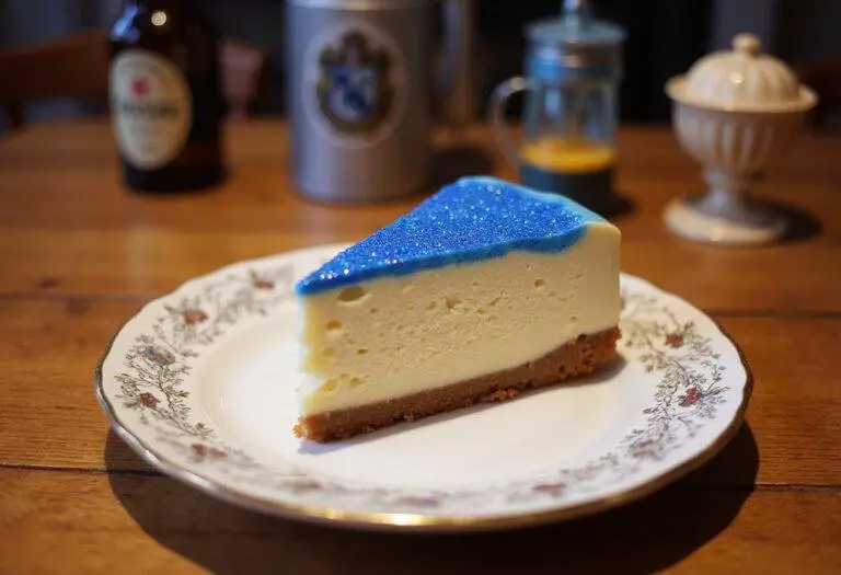 Final presentation of Ravenclaw House Butterbeer Cheesecake with shimmering blue topping, a magical and delicious dessert ready to be enjoyed.