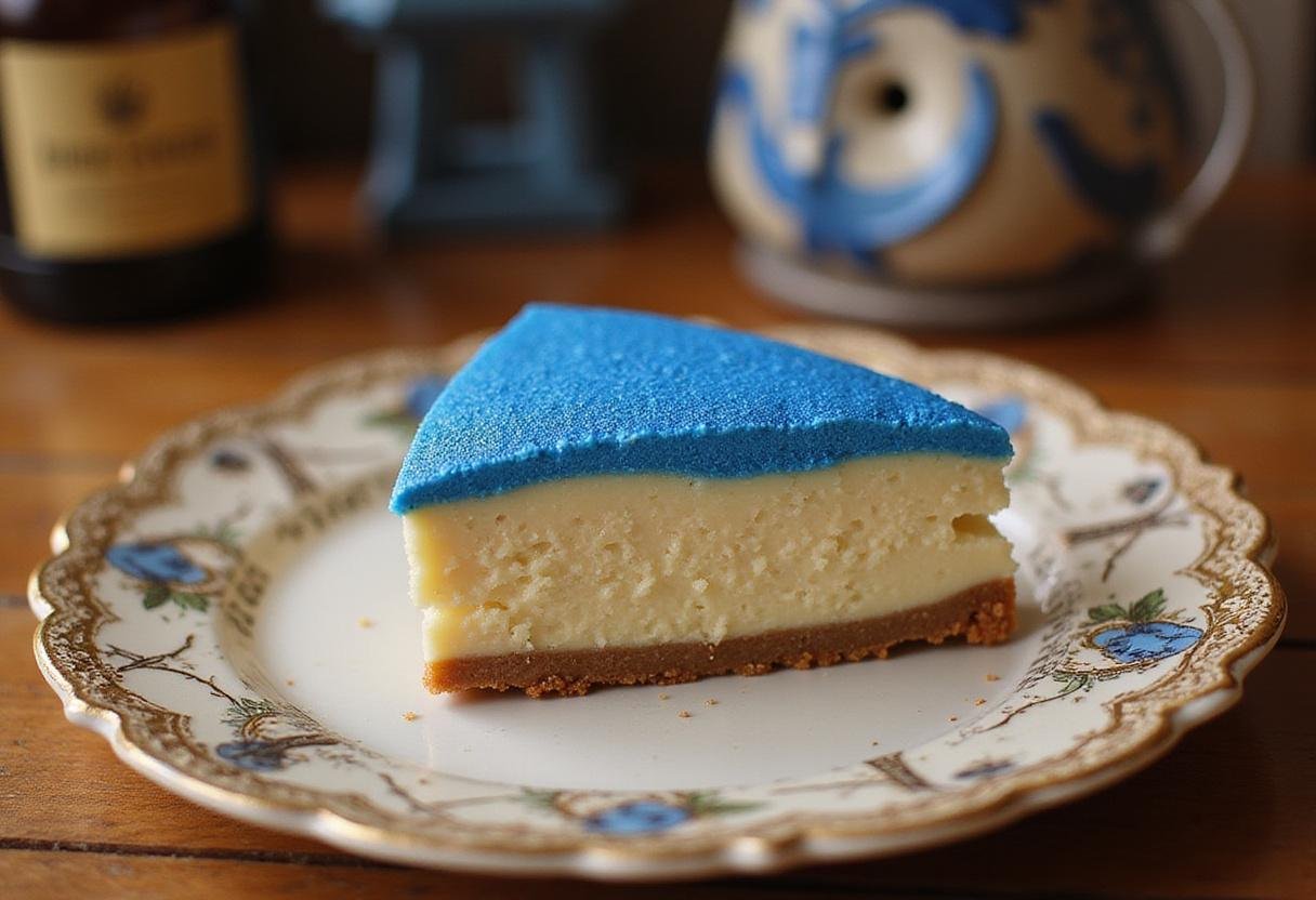 Final presentation of Ravenclaw House Butterbeer Cheesecake with shimmering blue topping, a magical and delicious dessert ready to be enjoyed.