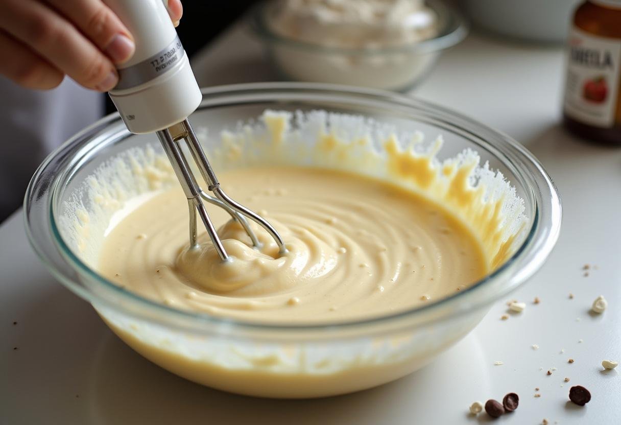 Ravenclaw House Butterbeer Cheesecake preparation with cream cheese and sugar being mixed for a delicious dessert.