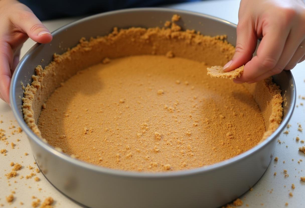 Creating the graham cracker crust for Ravenclaw House Butterbeer Cheesecake, showcasing the crust layer for a rich dessert.
