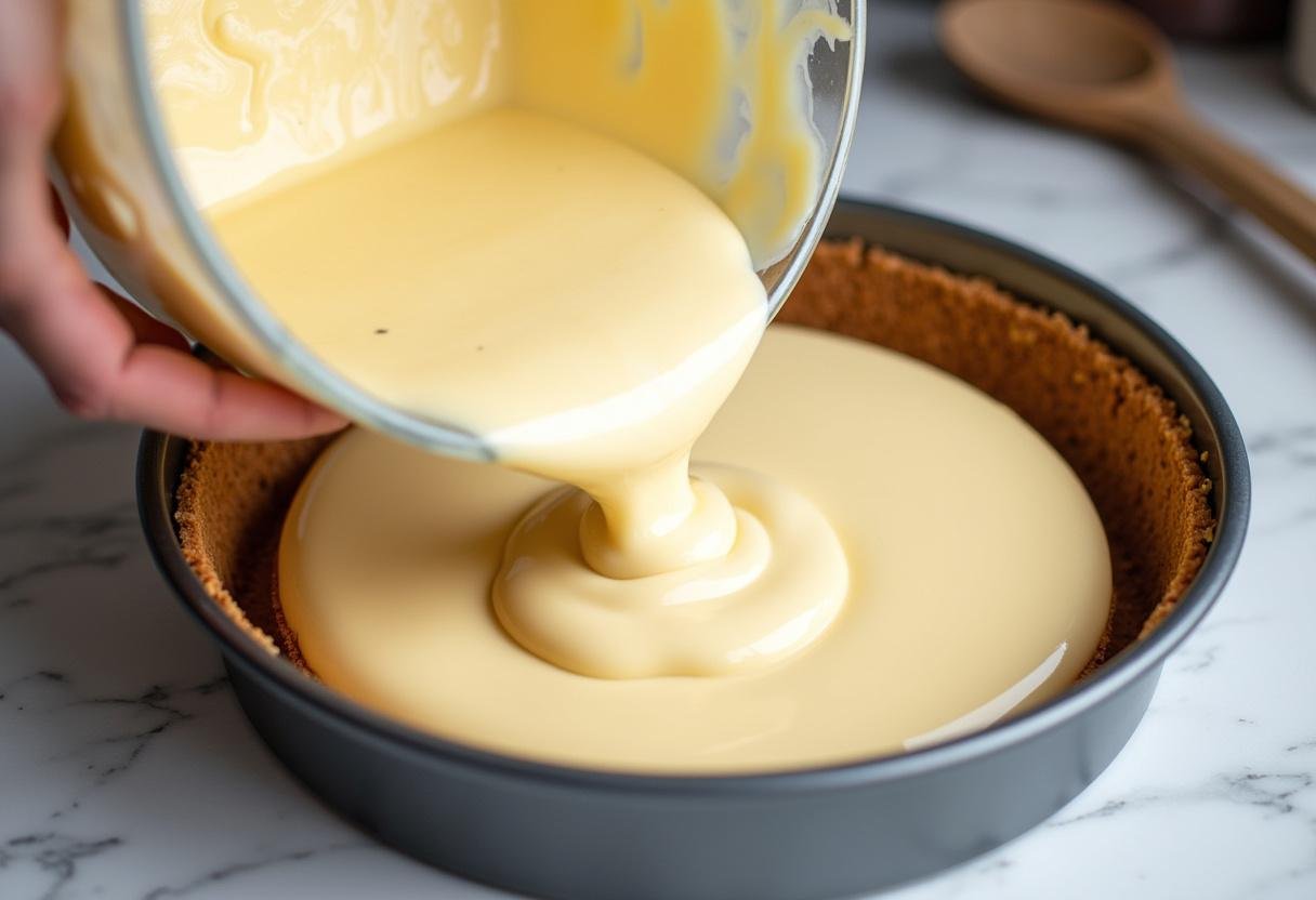 Pouring the fluffy cheesecake filling into the graham cracker crust for the stunning Ravenclaw House Butterbeer Cheesecake.