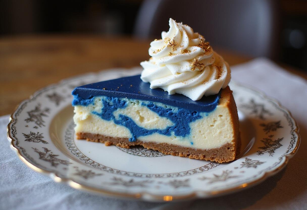 Final presentation of Ravenclaw Starry Night Butterbeer Cheesecake slice with blue velvet swirl, garnished with whipped cream and edible glitter, elegant plating.