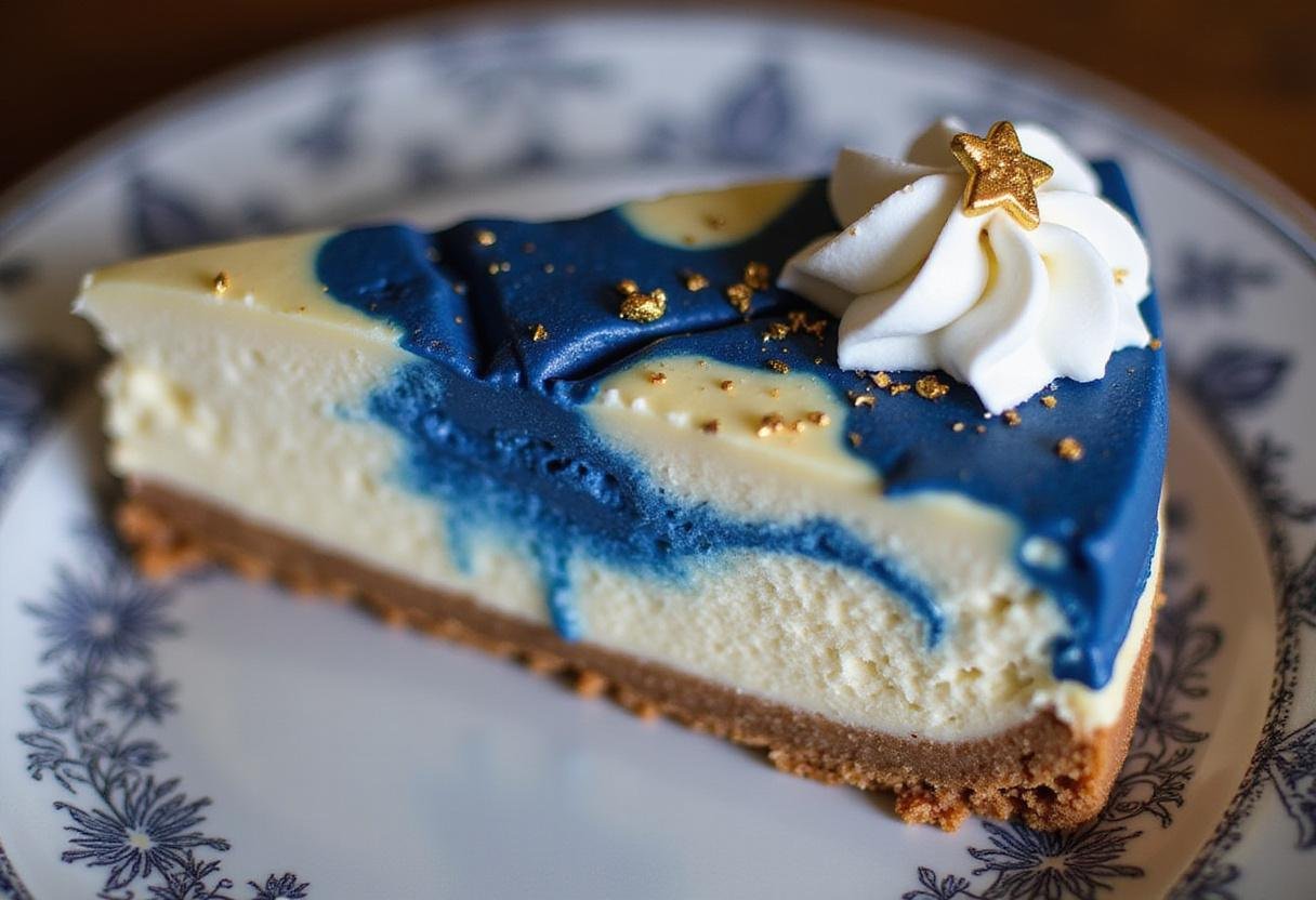 Final presentation of Ravenclaw Starry Night Butterbeer Cheesecake slice with blue velvet swirl, garnished with whipped cream and edible glitter, elegant plating.