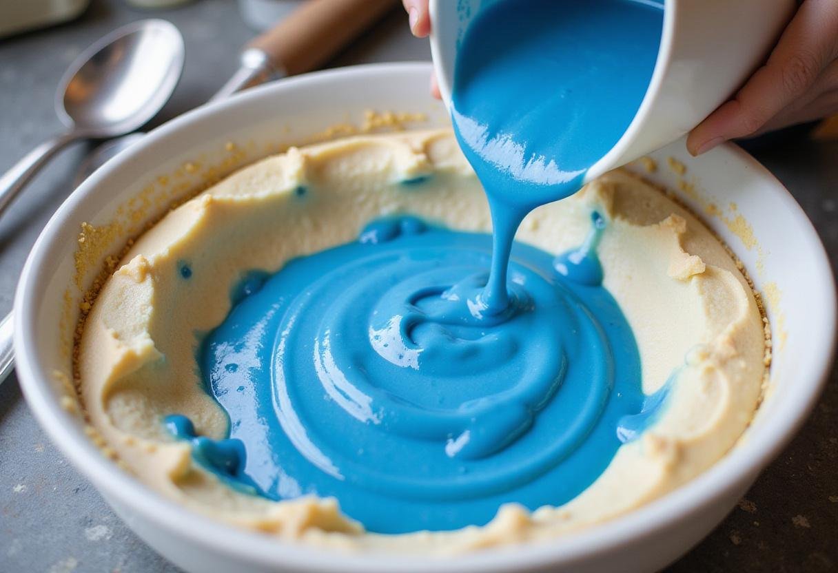 Creating the blue velvet swirl for Ravenclaw cheesecake, vibrant blue mixture being swirled into creamy filling in a mixing bowl.