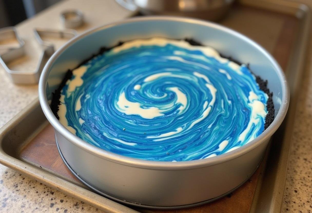 Preparing to bake the Ravenclaw Butterbeer Cheesecake, cheesecake batter in a springform pan with blue velvet swirl, star-themed baking scene.