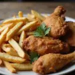 delicious reheating fries and fried chicken displayed on a plate