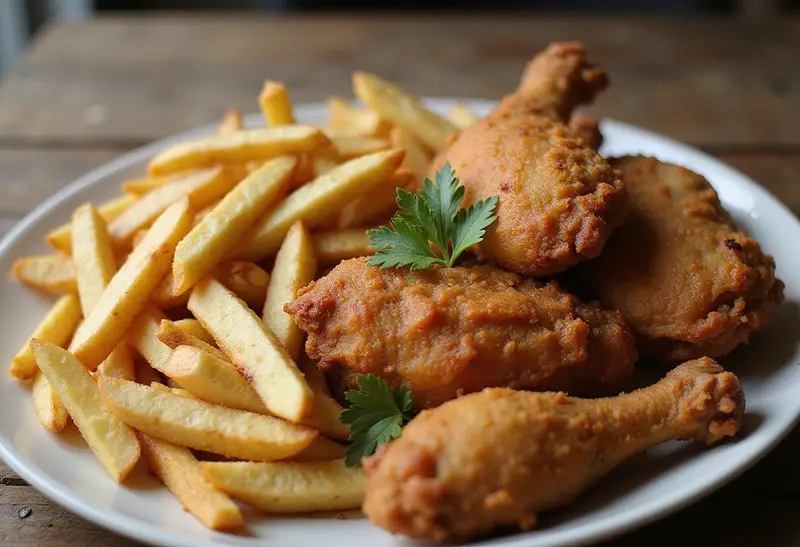 delicious reheating fries and fried chicken displayed on a plate