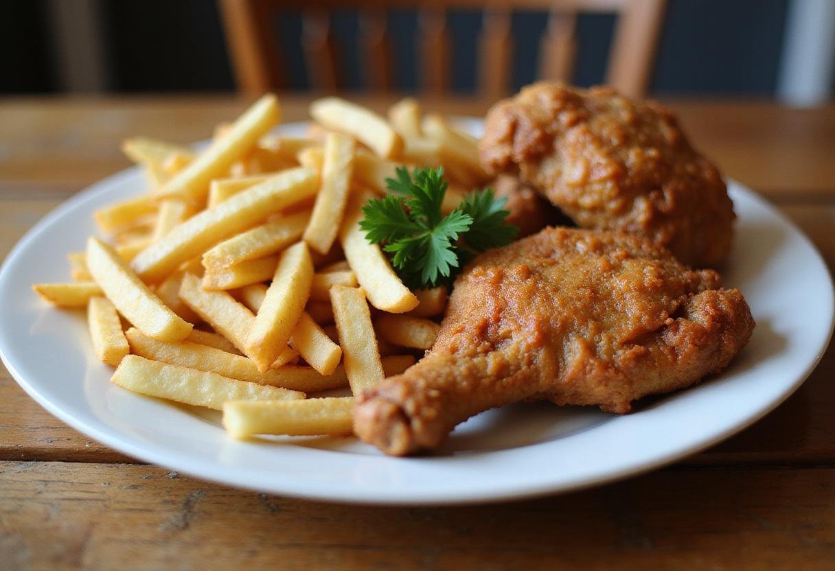 delicious reheating fries and fried chicken displayed on a plate