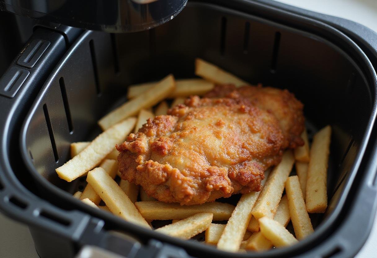 reheating fries in air fryer with fried chicken added to air fryer basket
