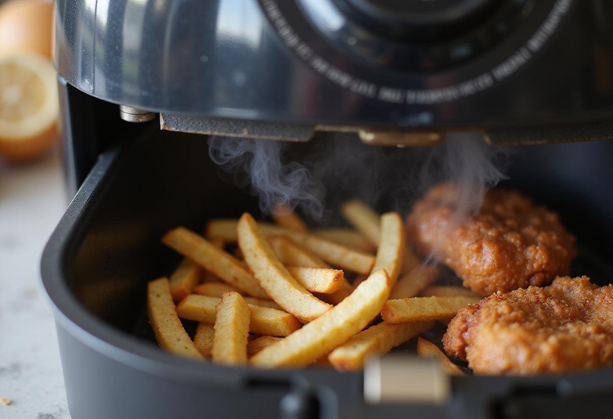 how to reheat fried chicken in air fryer with fries and chicken being cooked