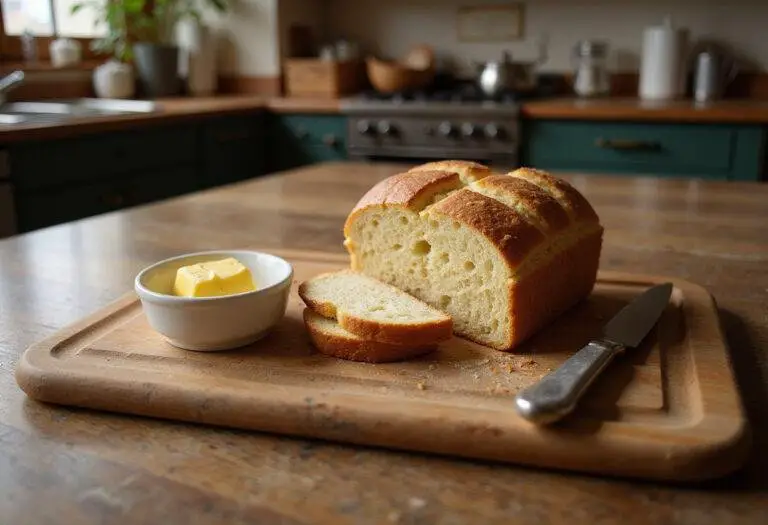 Final presentation of Rustic Irish Soda Bread on a rustic cutting board with butter, capturing the essence of homemade baking.