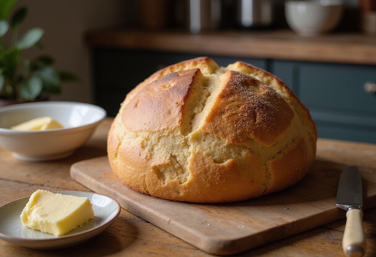 Final presentation of Rustic Irish Soda Bread on a rustic cutting board with butter, capturing the essence of homemade baking.