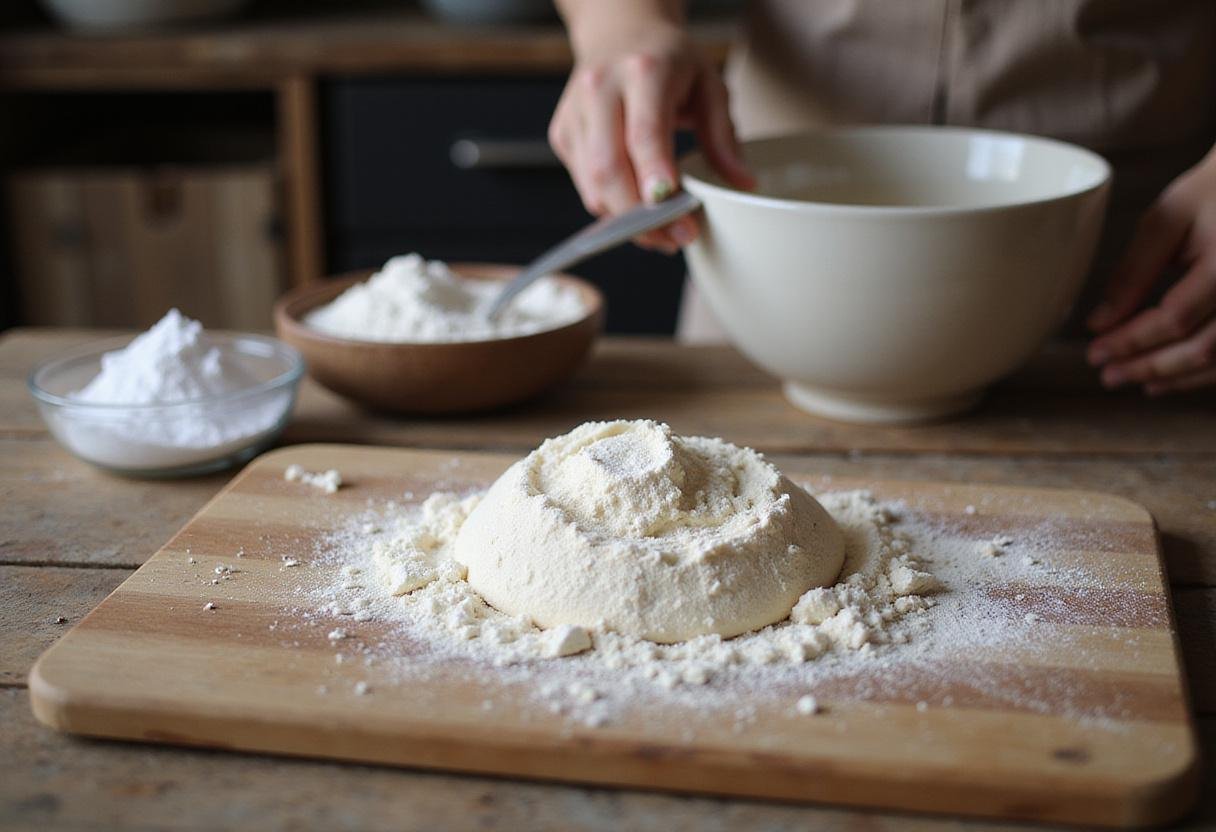 Making Rustic Irish Soda Bread with flour, baking soda, salt, and buttermilk in a cozy kitchen environment.