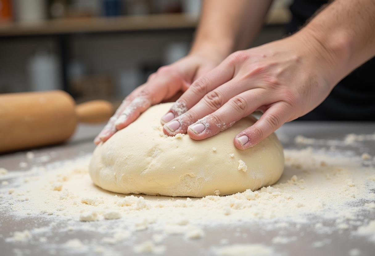 Kneading dough for Rustic Irish Soda Bread on a floured surface in a rustic kitchen setting.