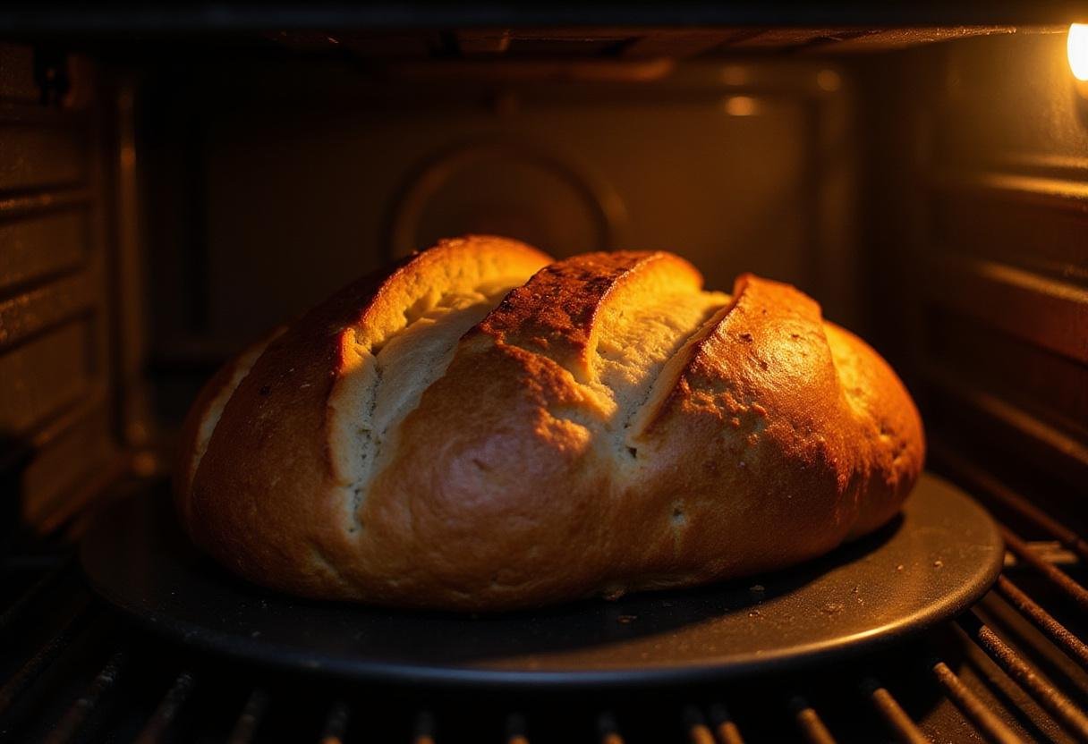 Baking a loaf of Rustic Irish Soda Bread in a traditional oven, highlighting the crust and rise of the bread.