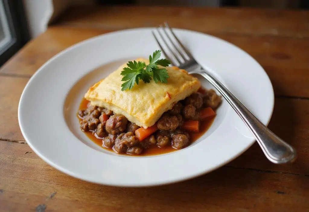 Delicious shepherd's pie on a plate with fresh garnishing, showcasing the comfort food essence of turkey shepherd's pie variations.