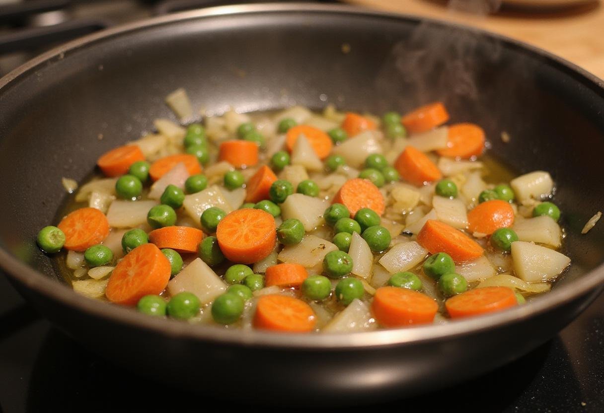 Sautéed vegetables for shepherd's pie soup, including carrots, peas, and onions, creating a hearty base.