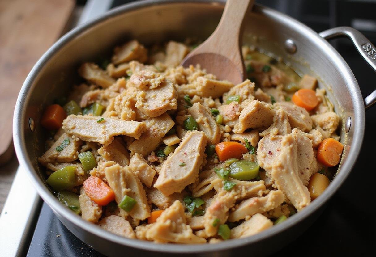 Turkey shepherd's pie filling with tender turkey, vegetables, and seasonings mixed in a bowl, preparation step.