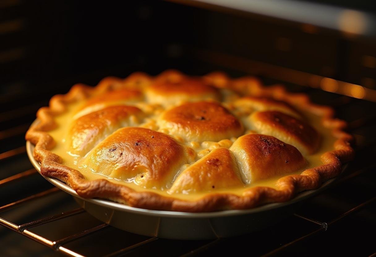 Baked turkey shepherd's pie with a golden crunchy top, fresh from the oven, showcasing a comforting meal.