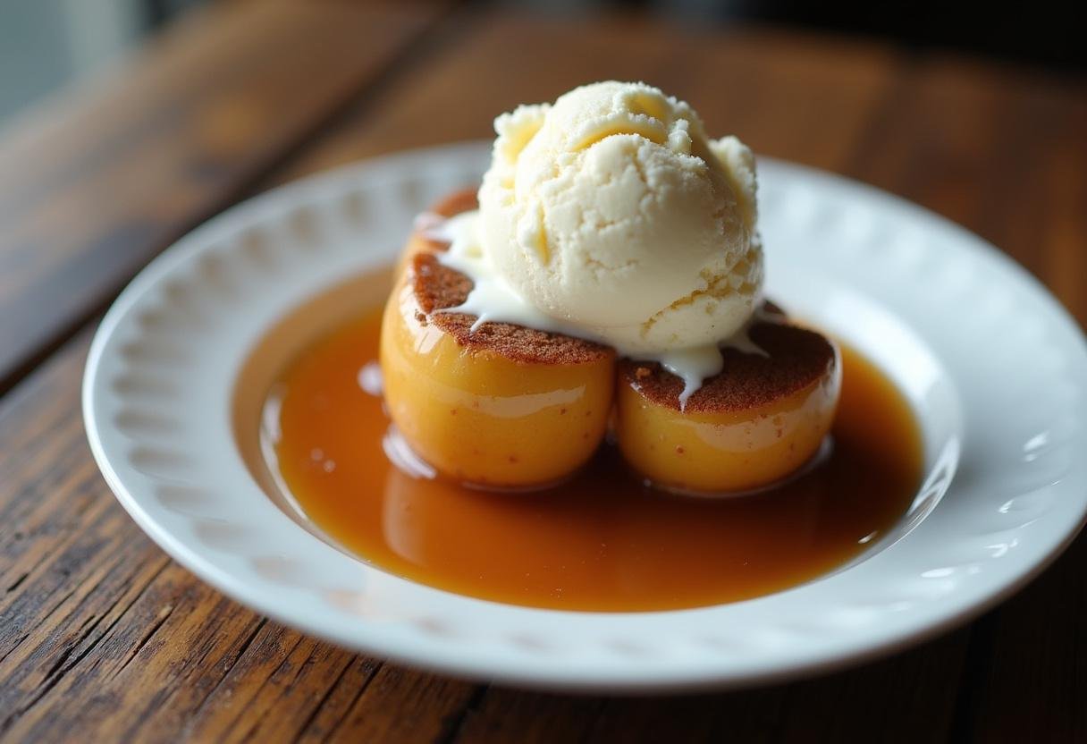 Delicious air fryer baked apples served with caramel and ice cream, a perfect dessert treat.