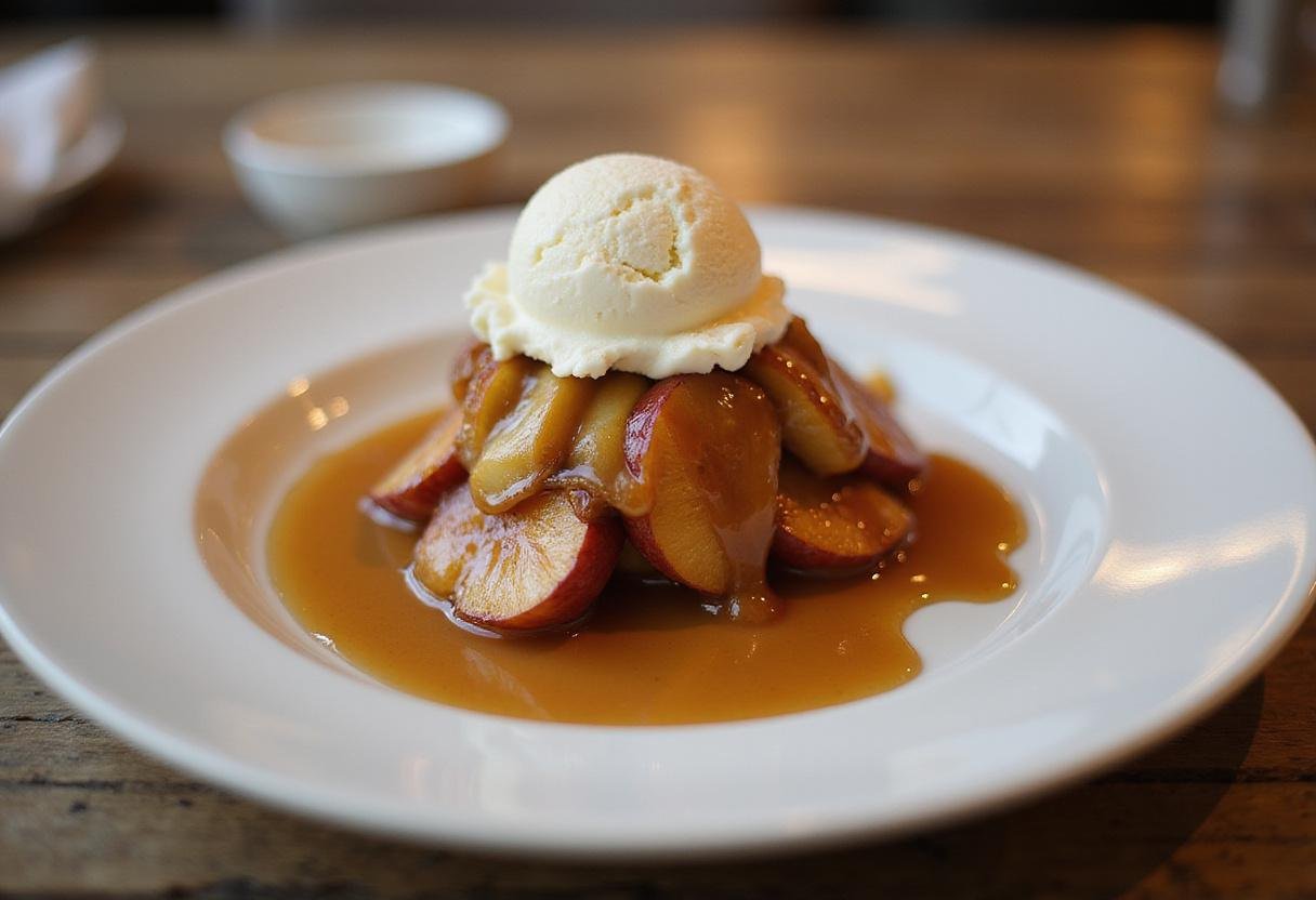Delicious air fryer baked apples served with caramel and ice cream, a perfect dessert treat.