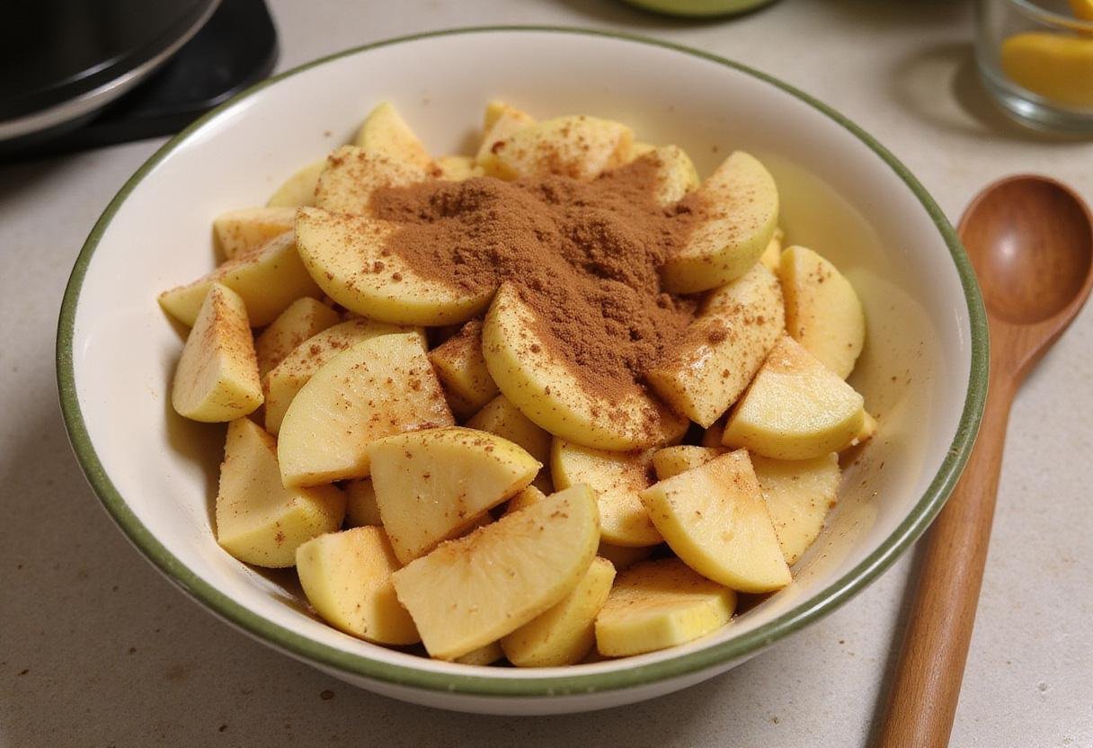 Sliced air fryer apples mixed with cinnamon and sugar for baked apples in air fryer.