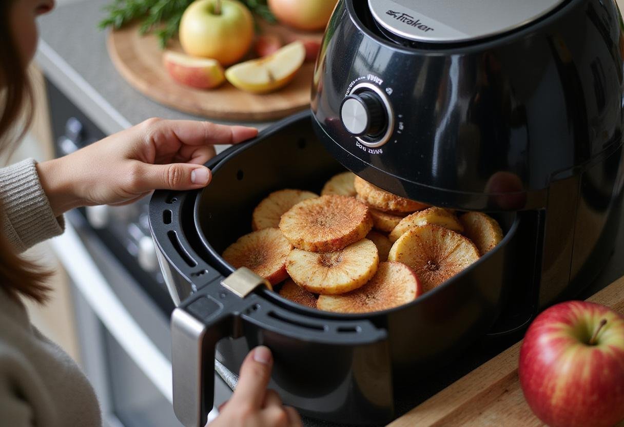 Adding seasoned air fryer apple slices into the air fryer for a delicious baked apple dish.