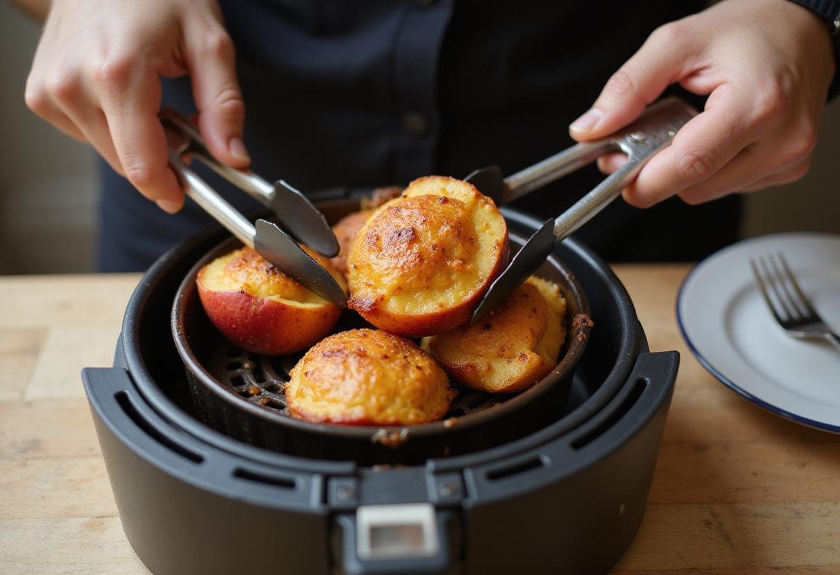 Removing freshly baked air fryer apples ready to be served and enjoyed.