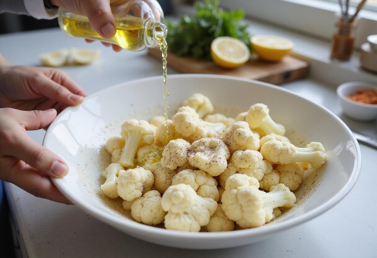 Tossing fresh cauliflower florets in olive oil, salt, and pepper for a delicious roasted cauliflower in air fryer recipe.