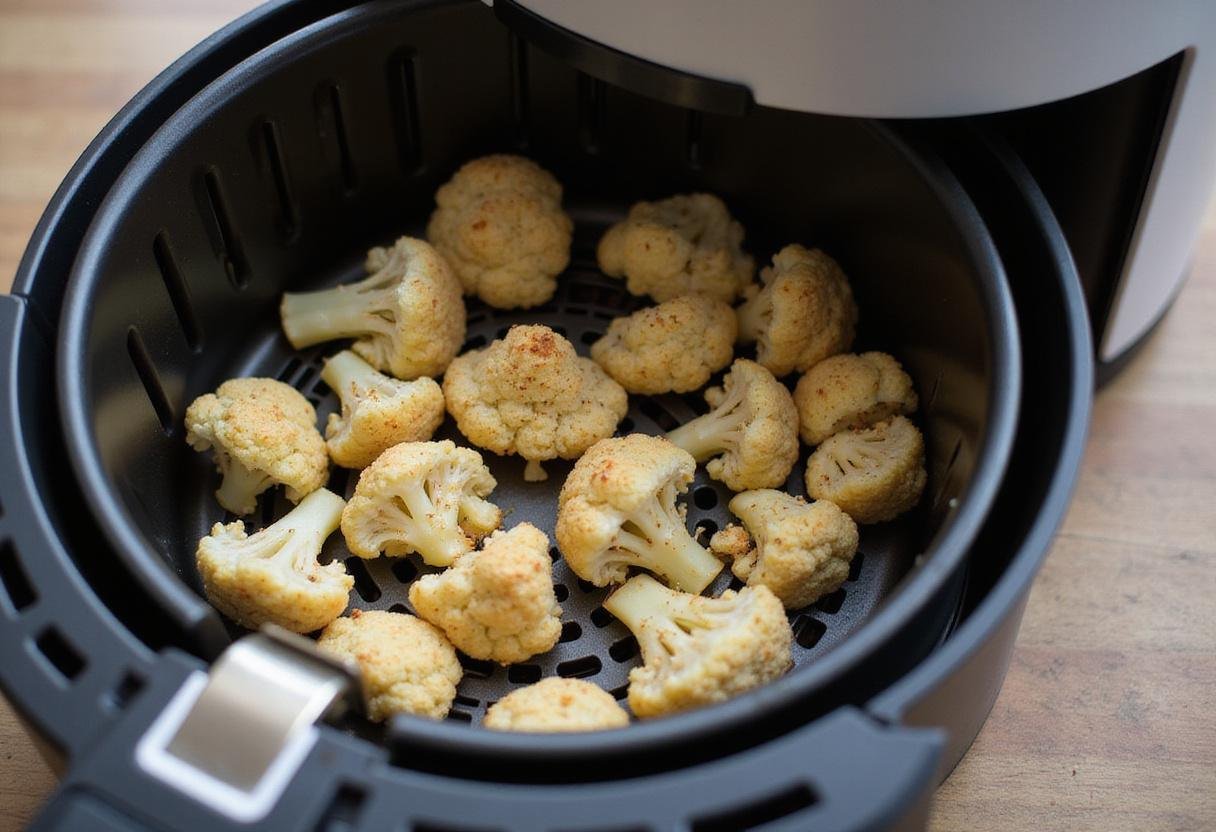 Arranging seasoned cauliflower in an air fryer basket for the perfect cauliflower air fryer recipe.